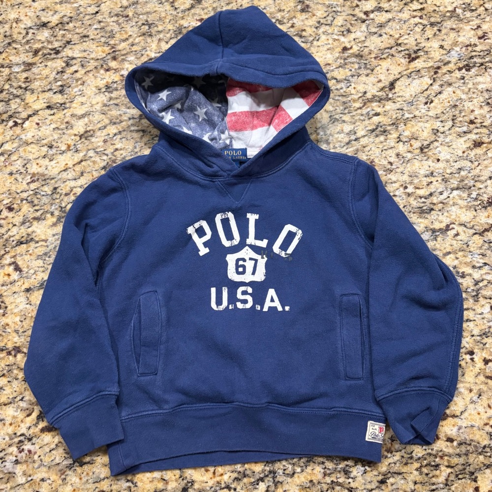 Polo Ralph Lauren Kids Navy Blue USA 67 Flag Hooded Sweatshirt Size 5 ws